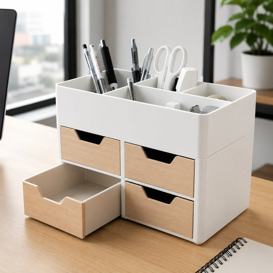 Organizador de mesa branco com gavetas de madeira no escritório