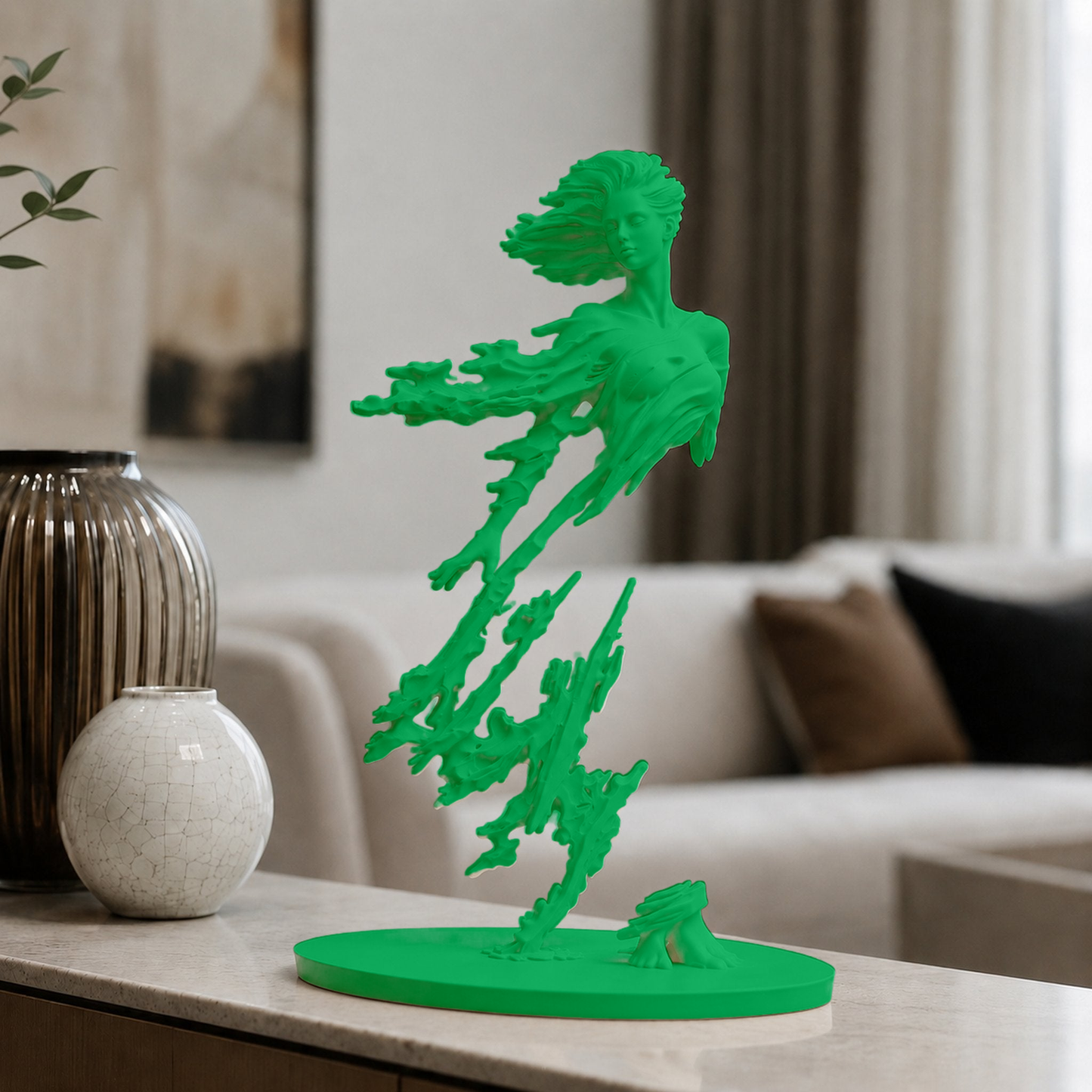 Escultura de figura em movimento com véu esvoaçante sobre base circular, na cor verde