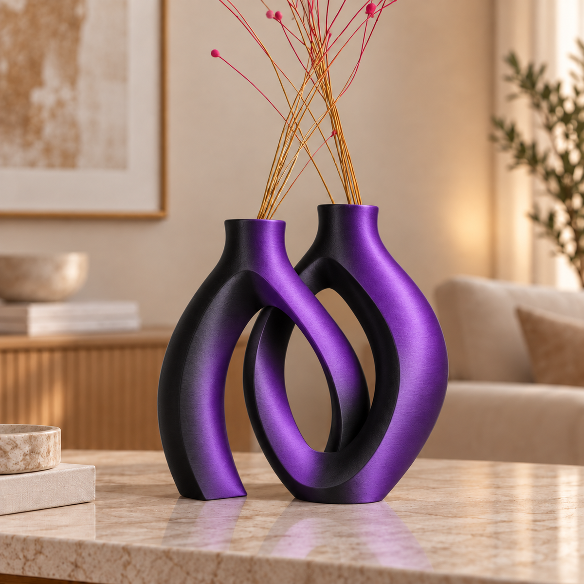 Conjunto Elos na cor Preto e Roxo, em ambiente moderno e aconchegante