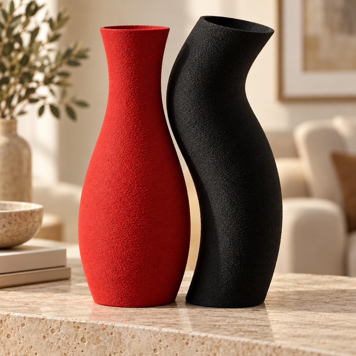 Dupla de vasos Encontro nas cores Vermelho + Preto, em ambiente elegante