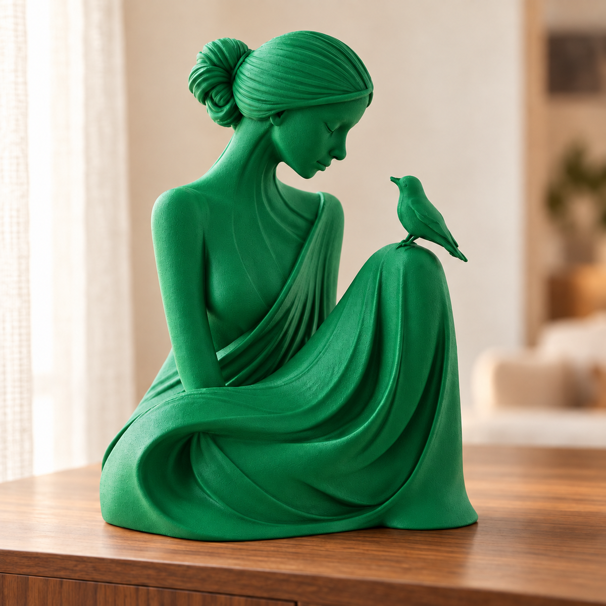 Essência — escultura mulher com pássaro, Verde