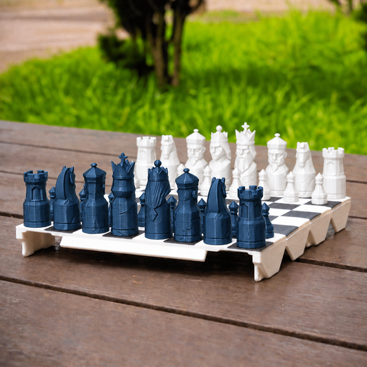 Gambito: tabuleiro branco e preto com peças Dark Blue e branco.