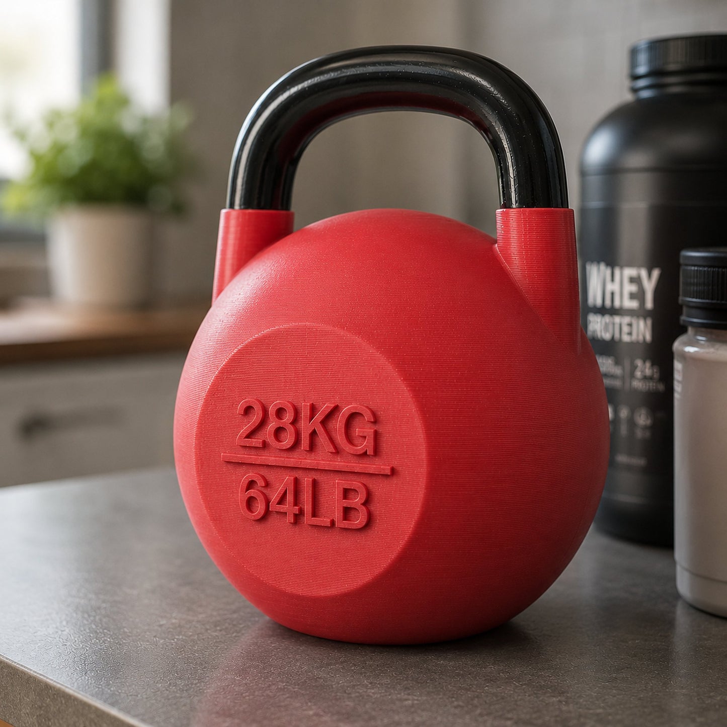 Pote kettlebell vermelho na cozinha
