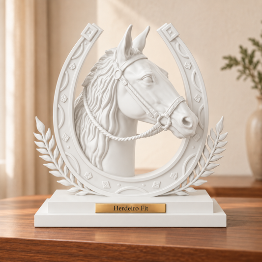 Legado — escultura de cavalo Branco, placa personalizada Herdeiro Fit