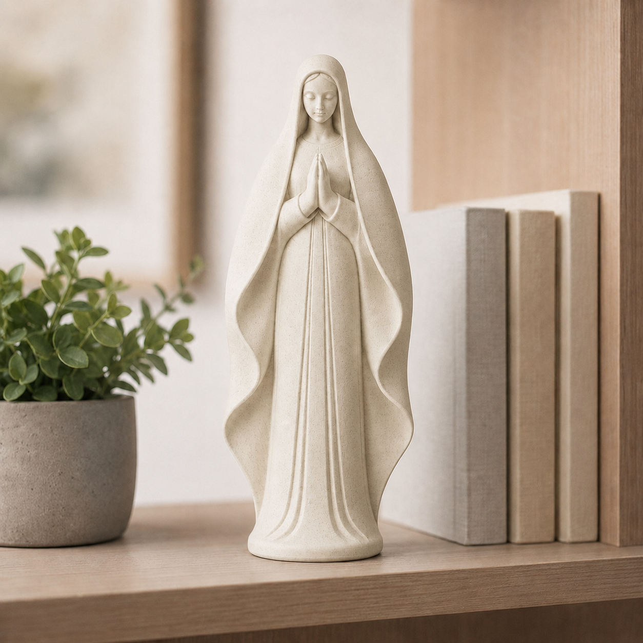 Escultura minimalista de Nossa Senhora com manto drapeado, na cor mármore