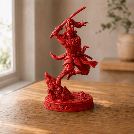 Estátua Samurai em pose de ação - vermelho