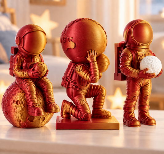 Trio de astronautas decorativos — Dual Vermelho/Dourado Silk