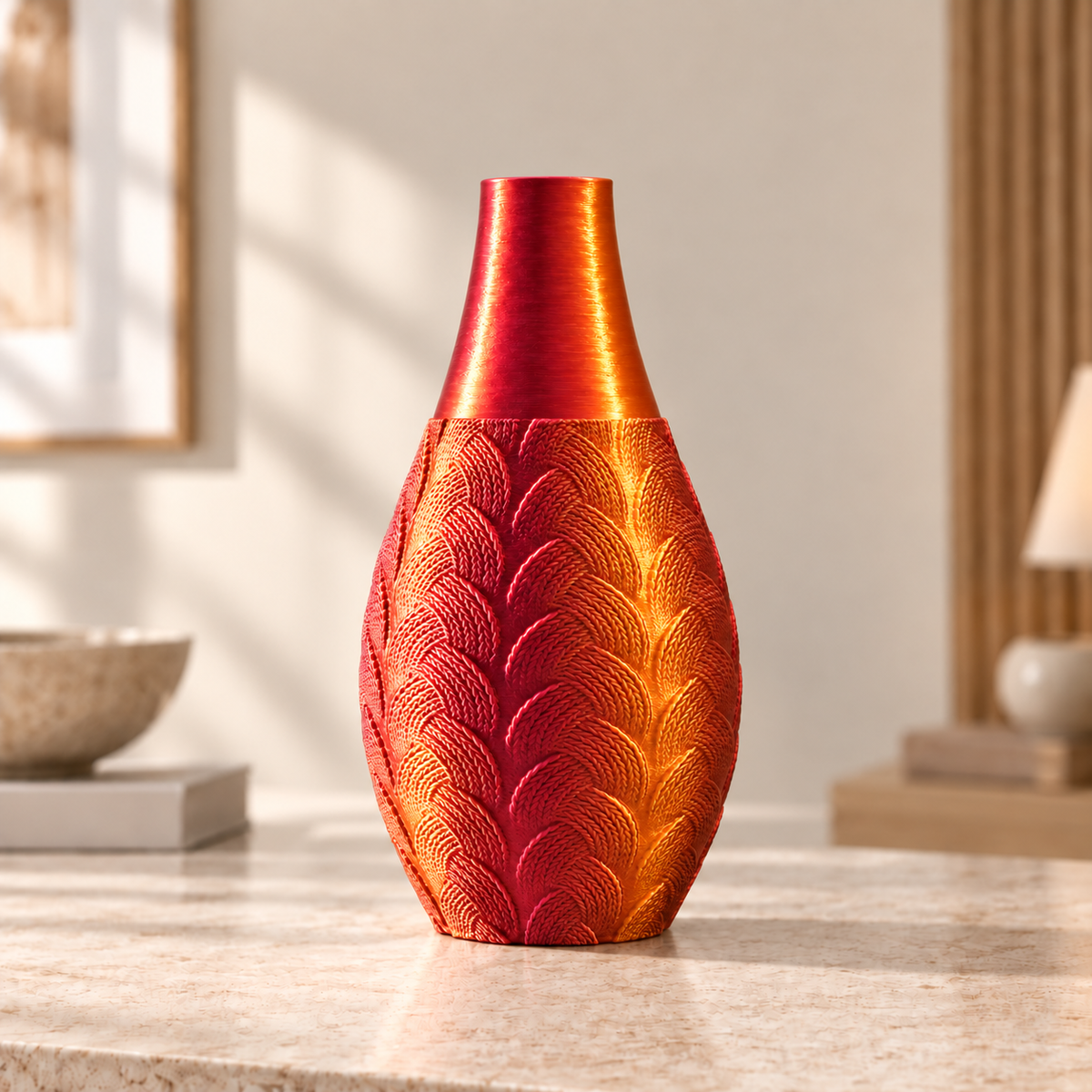 Vaso Trama Botânica na cor Vermelho e Dourado, produto completo