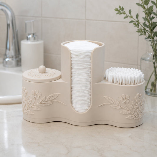 Organizador de banheiro floral bege com algodão e cotonetes