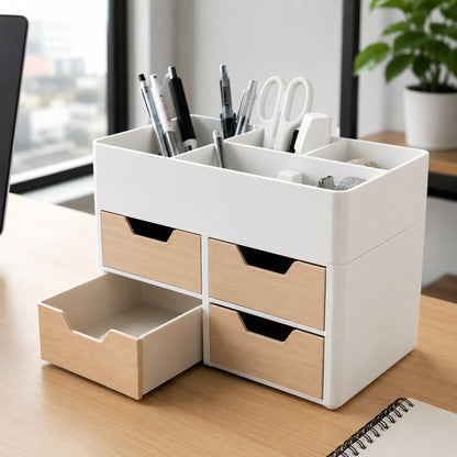 Organizador de mesa branco com gavetas de madeira no escritório