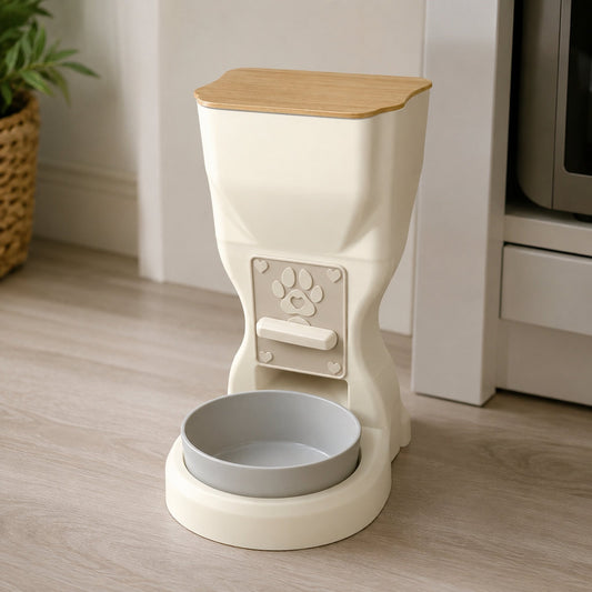 Comedouro dispenser de ração creme com tigela cinza