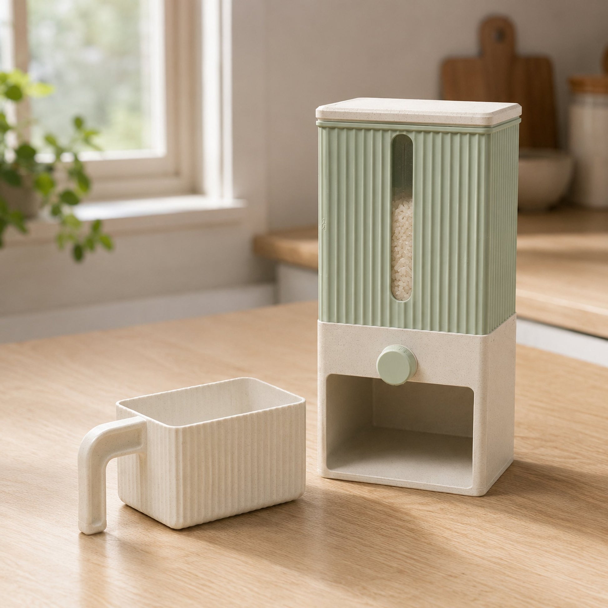 Dispenser de grãos verde sage com copo medidor na bancada da cozinha