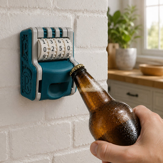 Abridor de garrafas de parede com contador, cor petróleo, abrindo uma cerveja