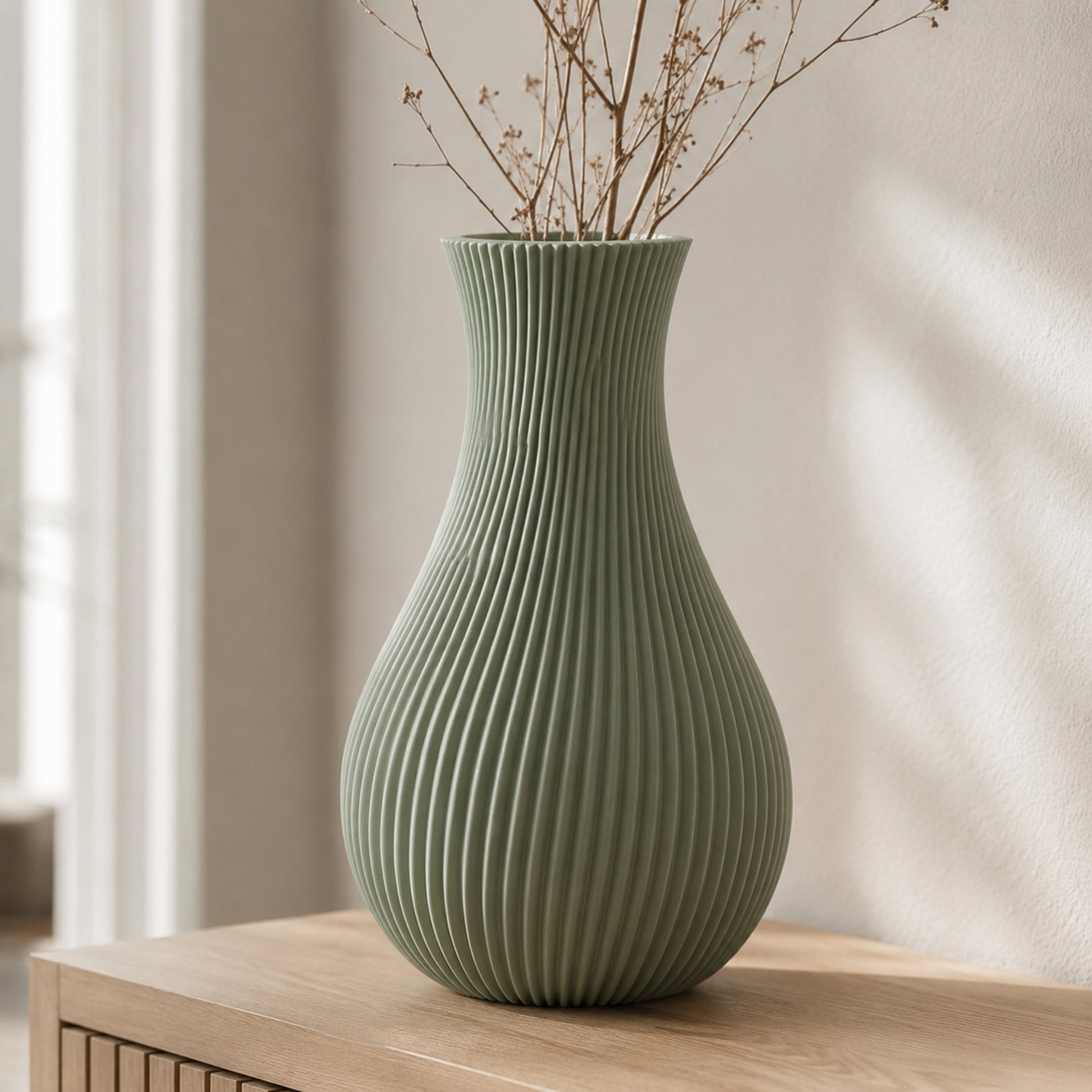 Vaso Japandi verde sage com galhos secos