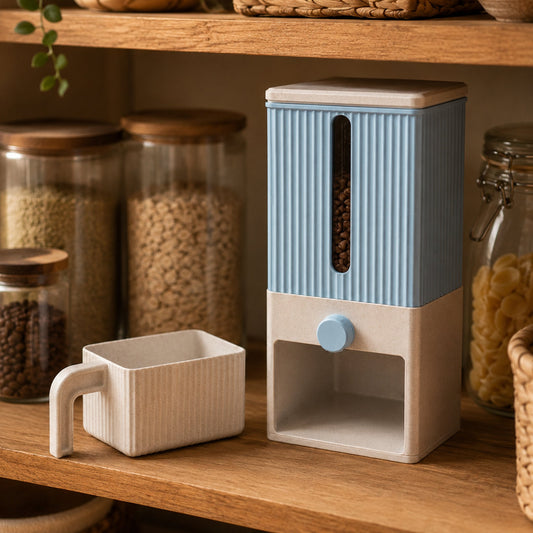 Dispenser de grãos azul com café na despensa