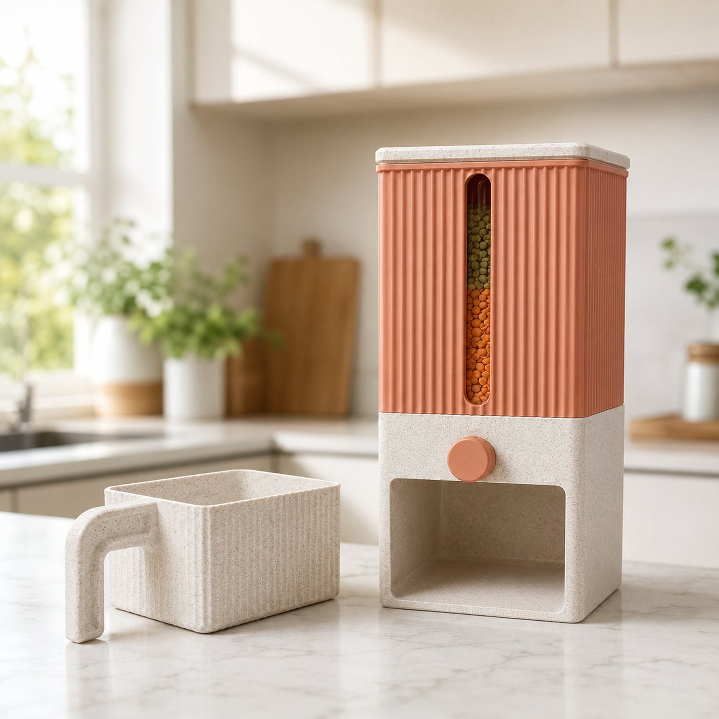 Dispenser de grãos terracota com lentilhas em bancada de mármore