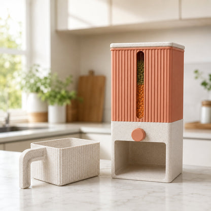 Dispenser de grãos terracota com lentilhas em bancada de mármore