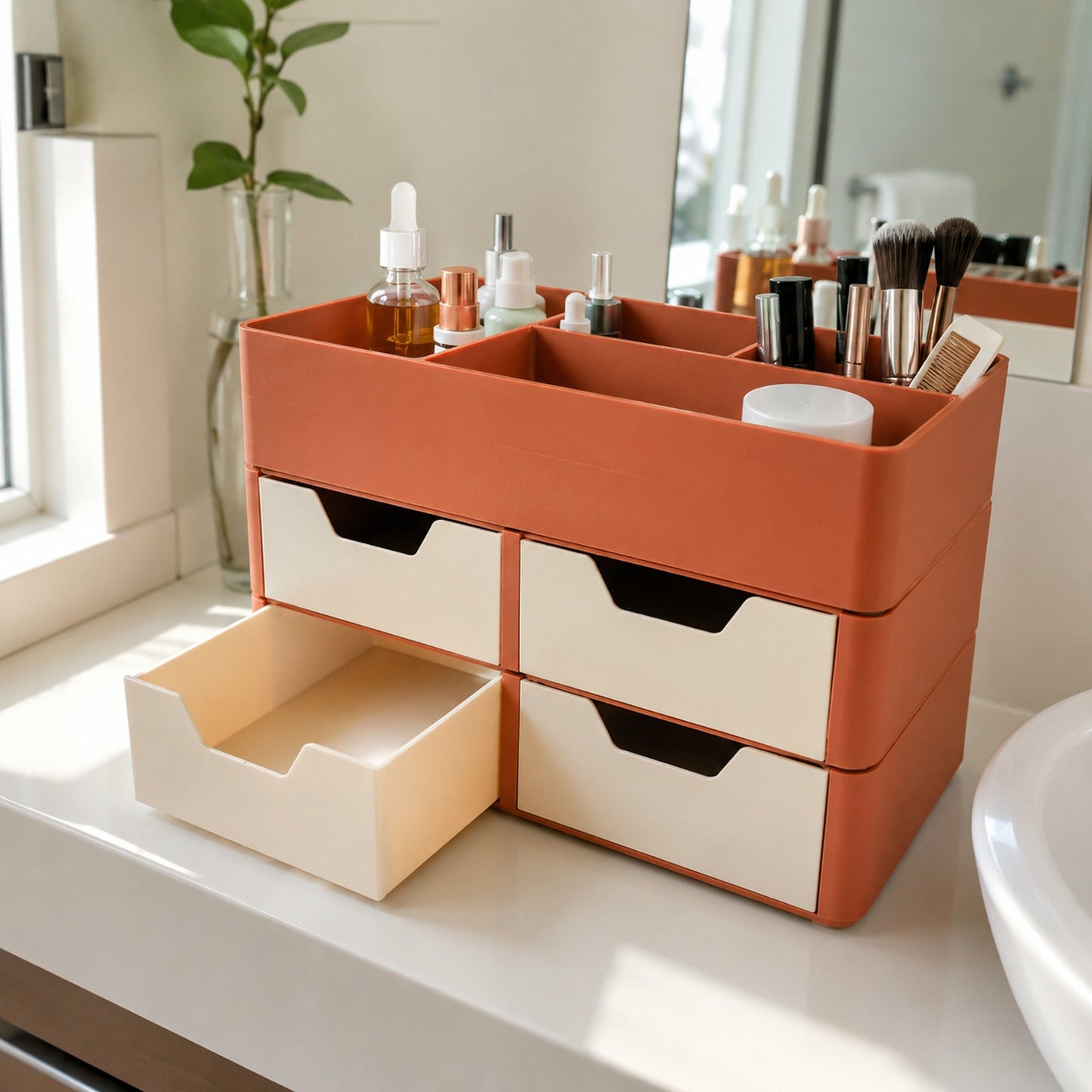 Organizador de mesa terracota com gavetas creme no banheiro