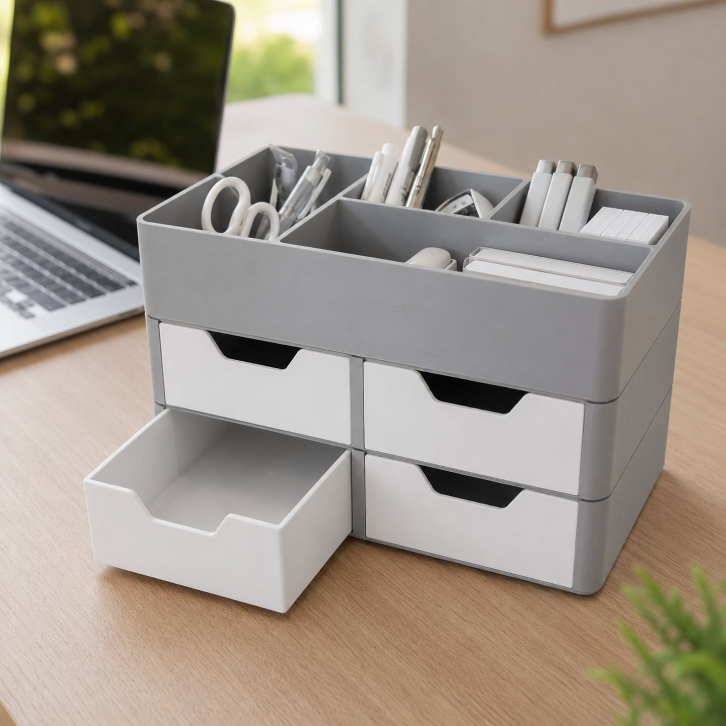 Organizador de mesa cinza com gavetas brancas no home office