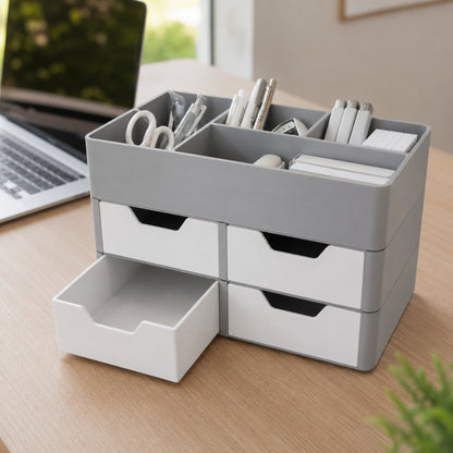 Organizador de mesa cinza com gavetas brancas no home office
