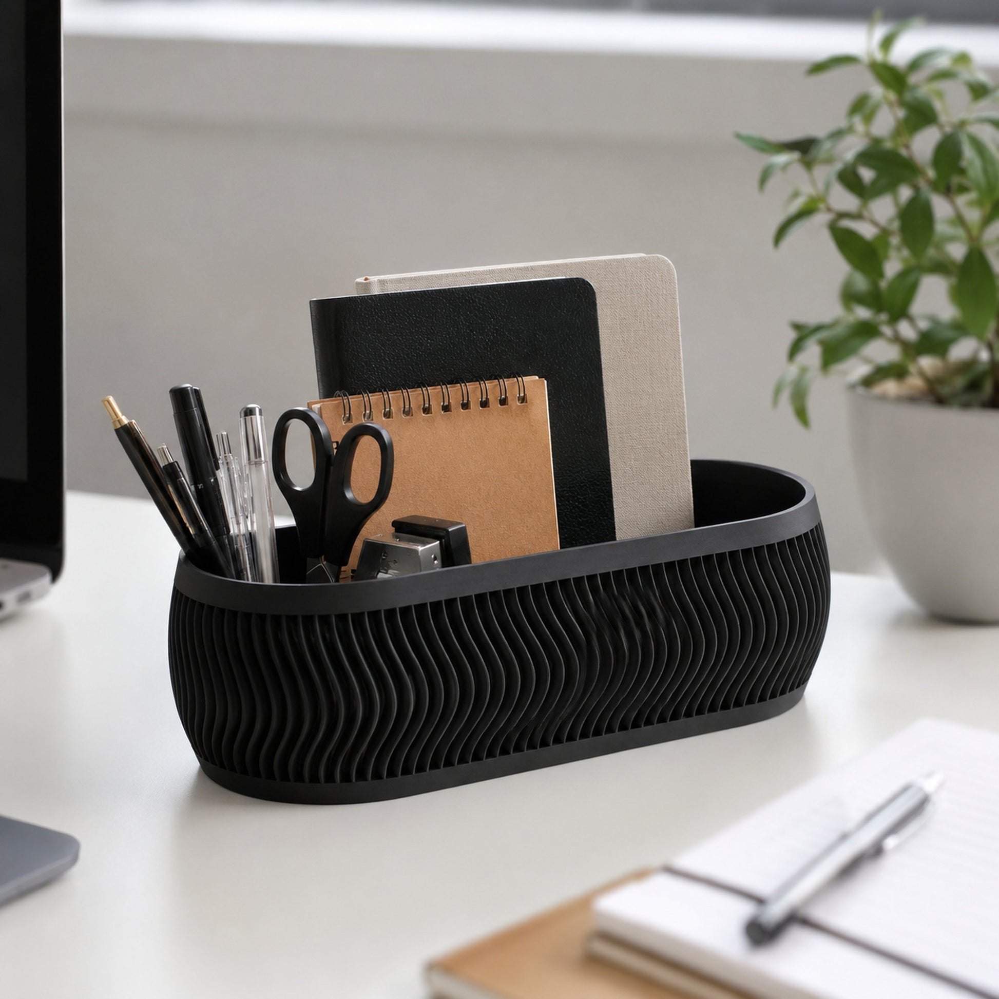 Organizador oval preto no escritório com material