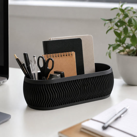 Organizador oval preto no escritório com material