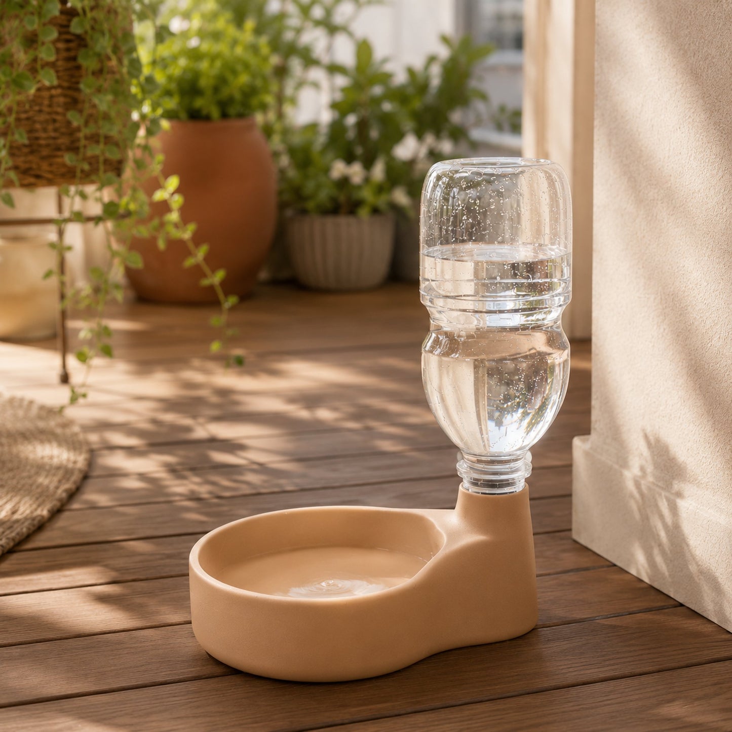 Bebedouro pet terracota com reservatório numa varanda