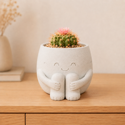 Vaso amiguinho sentado abraçando os joelhos, com carinha de olhos fechados e planta