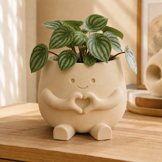 Vaso amiguinho com carinha sorridente e mãos fazendo coração, na cor bege