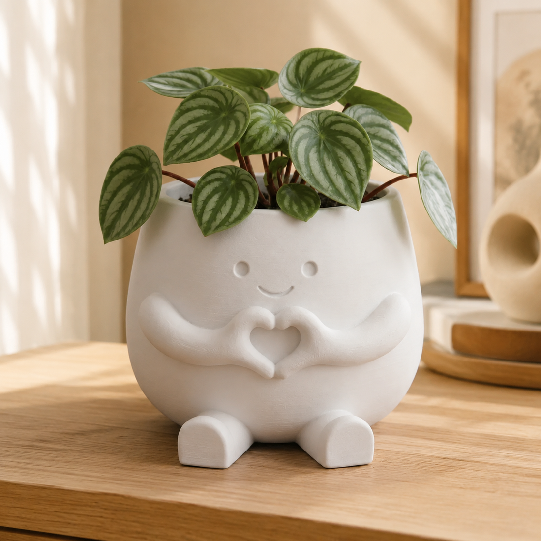Vaso amiguinho com carinha sorridente e mãos fazendo coração, na cor branca