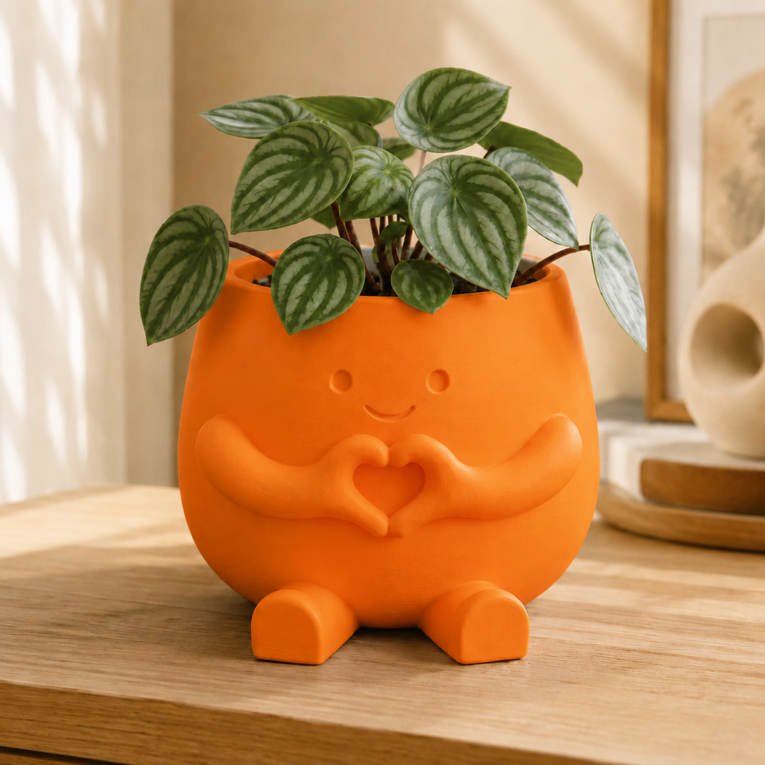Vaso amiguinho com carinha sorridente e mãos fazendo coração, na cor laranja