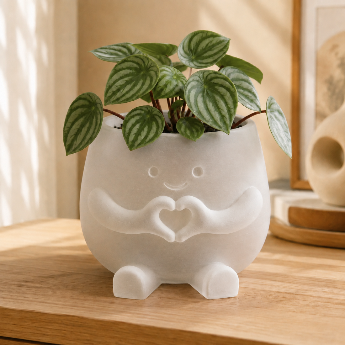 Vaso amiguinho com carinha sorridente e mãos fazendo coração, na cor translúcida