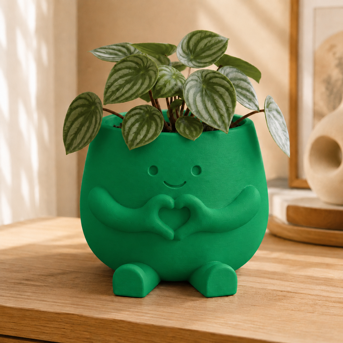Vaso amiguinho com carinha sorridente e mãos fazendo coração, na cor verde