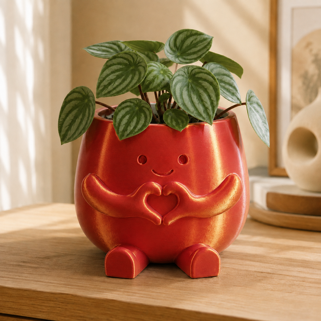 Vaso amiguinho com carinha sorridente e mãos fazendo coração, na cor vermelha e dourada