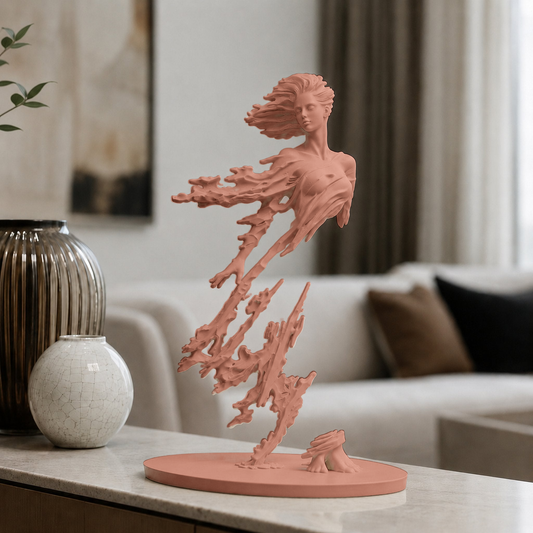 Escultura de figura em movimento com véu esvoaçante, em marrom terracota, sobre base circular