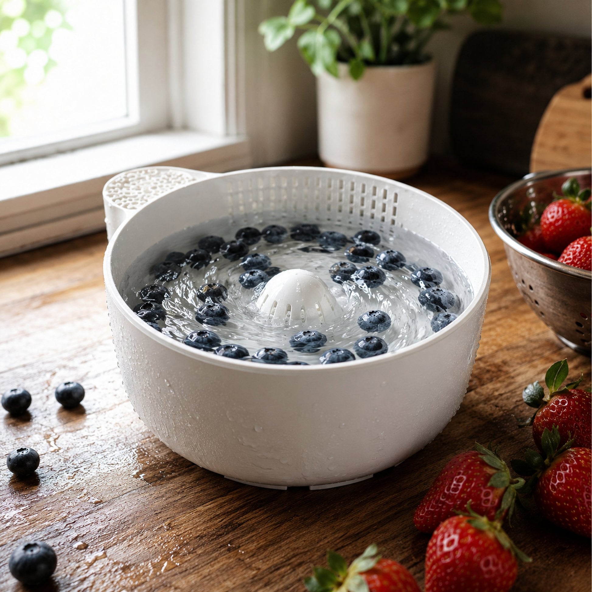 AquaVortex — Lavador e Escorredor de Frutas e Legumes com mirtilos e morangos
