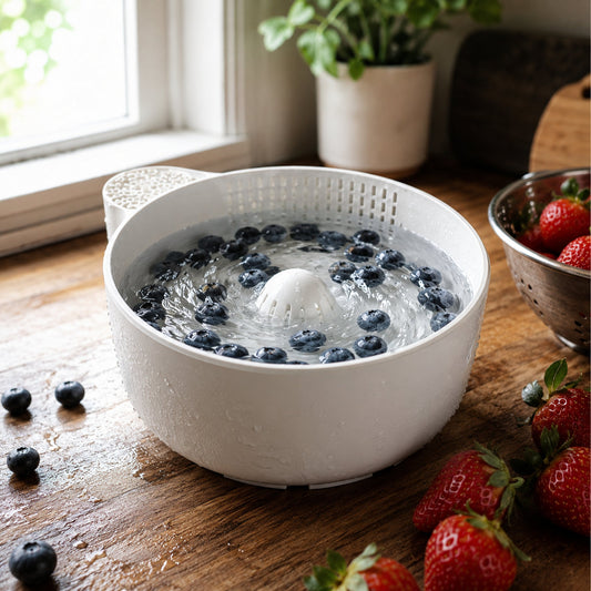 AquaVortex — Lavador e Escorredor de Frutas e Legumes com mirtilos e morangos