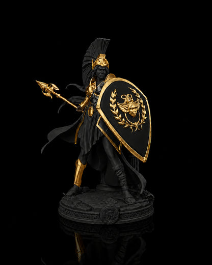 Estátua da deusa Atena em postura de batalha com lança e escudo, na cor preta, com detalhes dourados