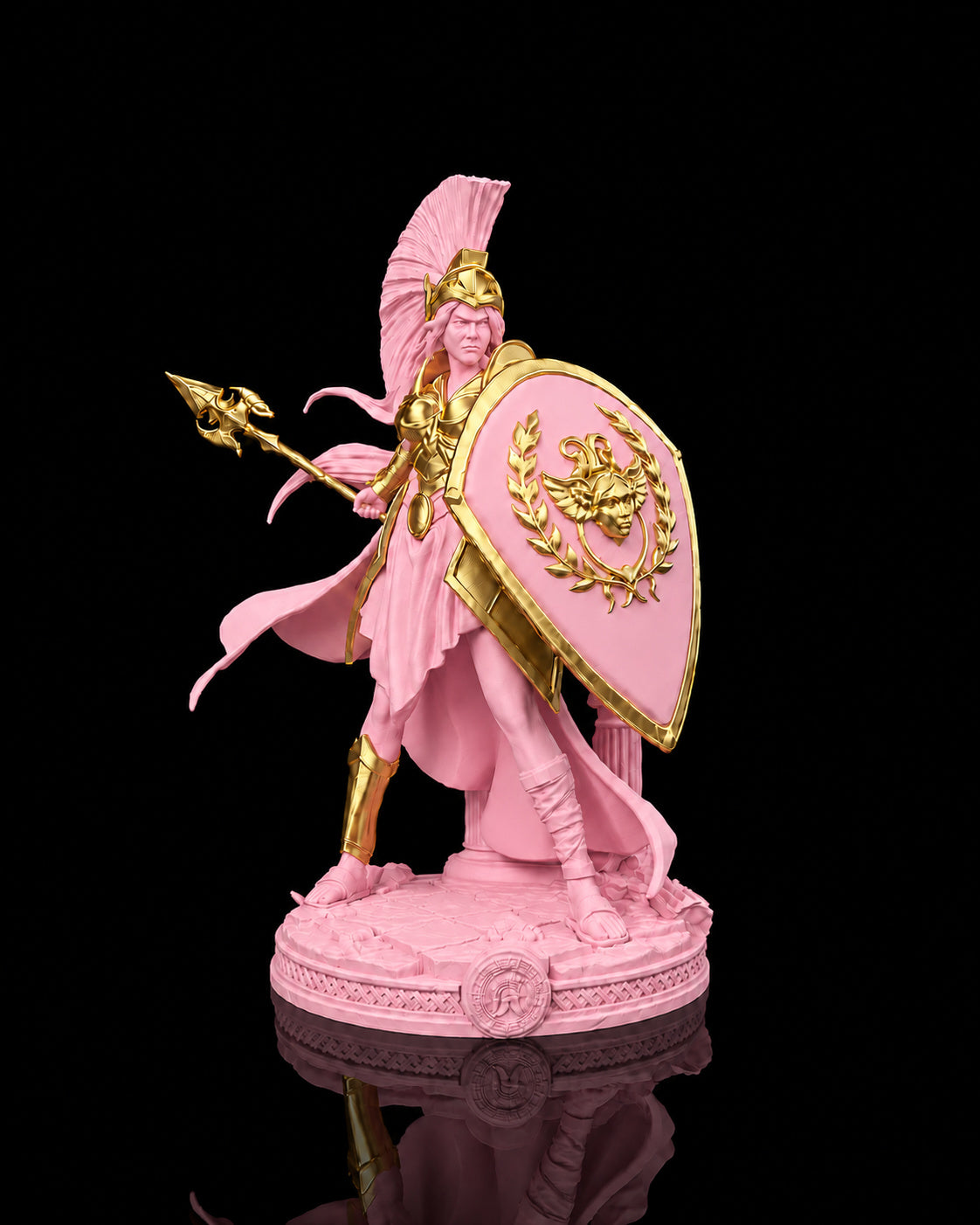 Estátua da deusa Atena em postura de batalha com lança e escudo, na cor rosa, com detalhes dourados