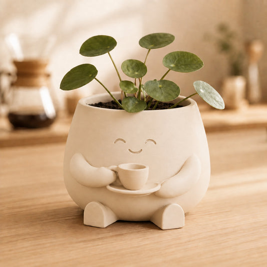 Vaso amiguinho segurando uma xícara com as duas mãos, na cor bege