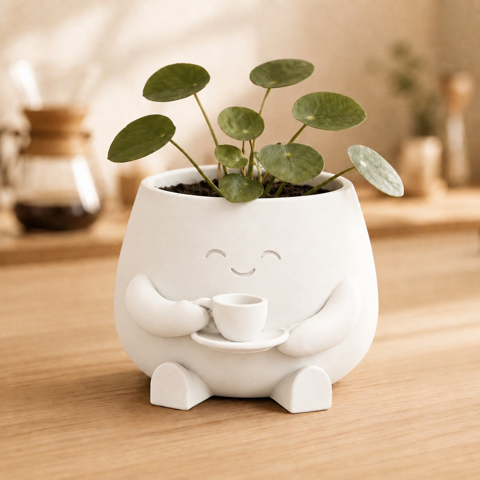 Vaso amiguinho segurando uma xícara com as duas mãos, na cor branca