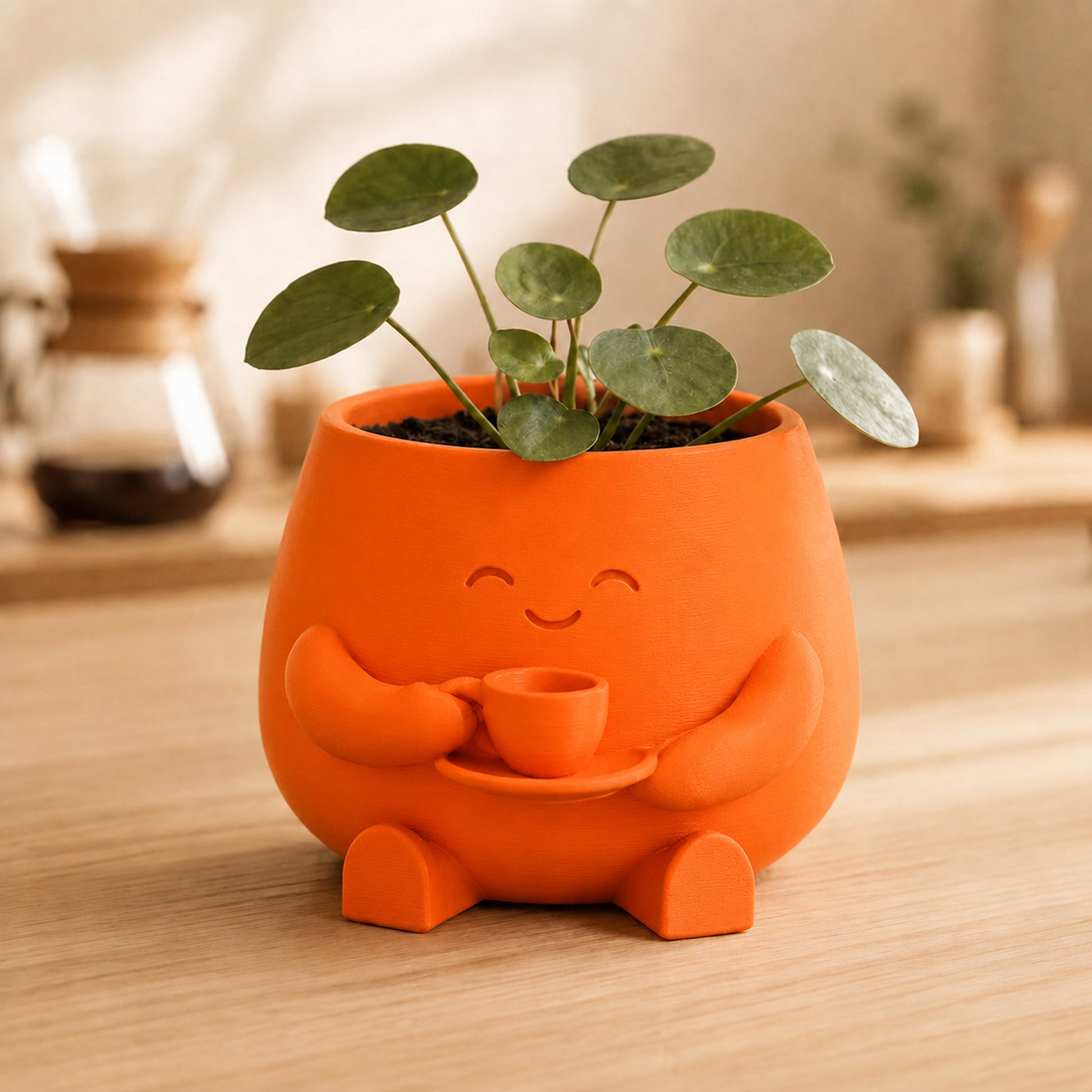 Vaso amiguinho segurando uma xícara com as duas mãos, na cor laranja