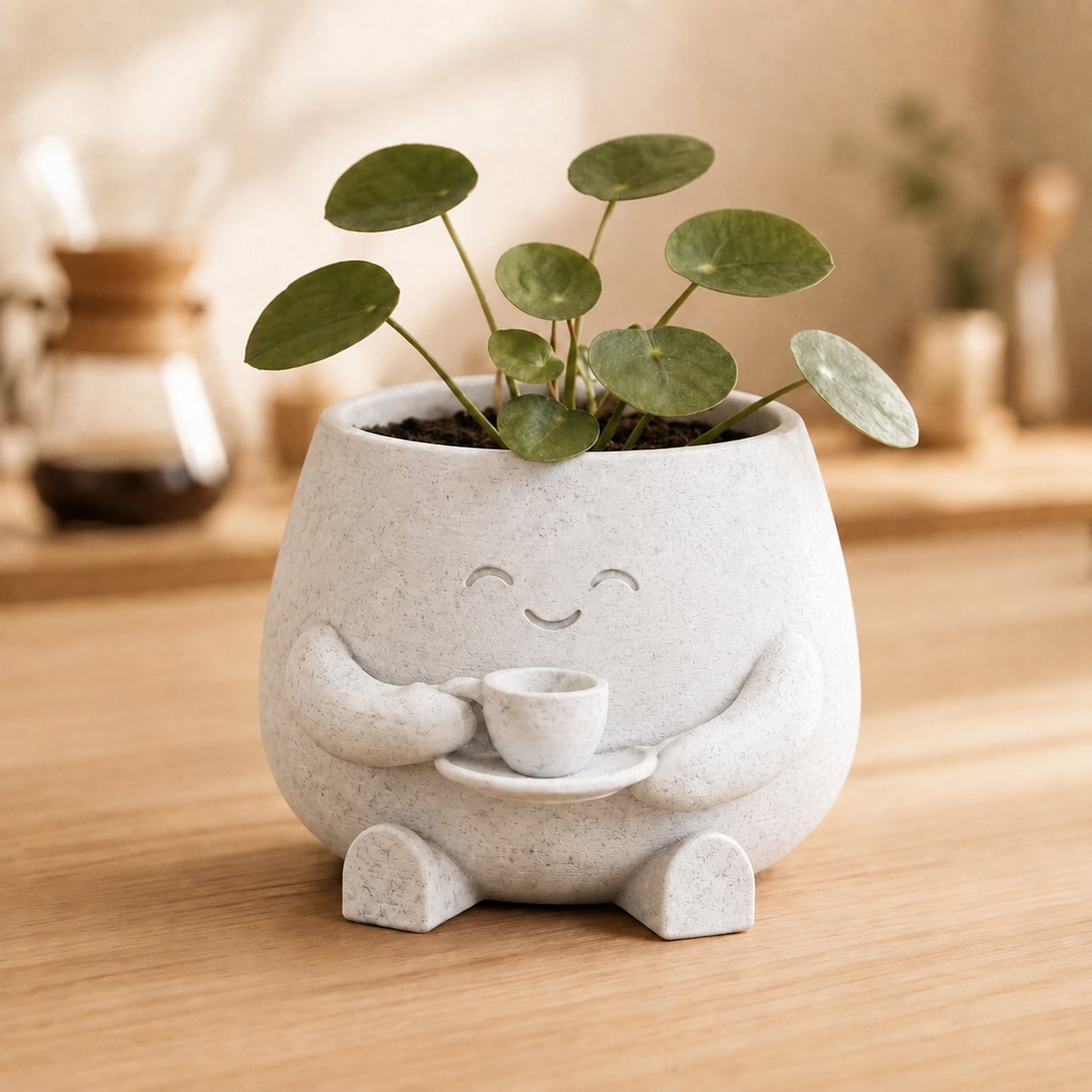 Vaso amiguinho segurando uma xícara com as duas mãos, na cor mármore