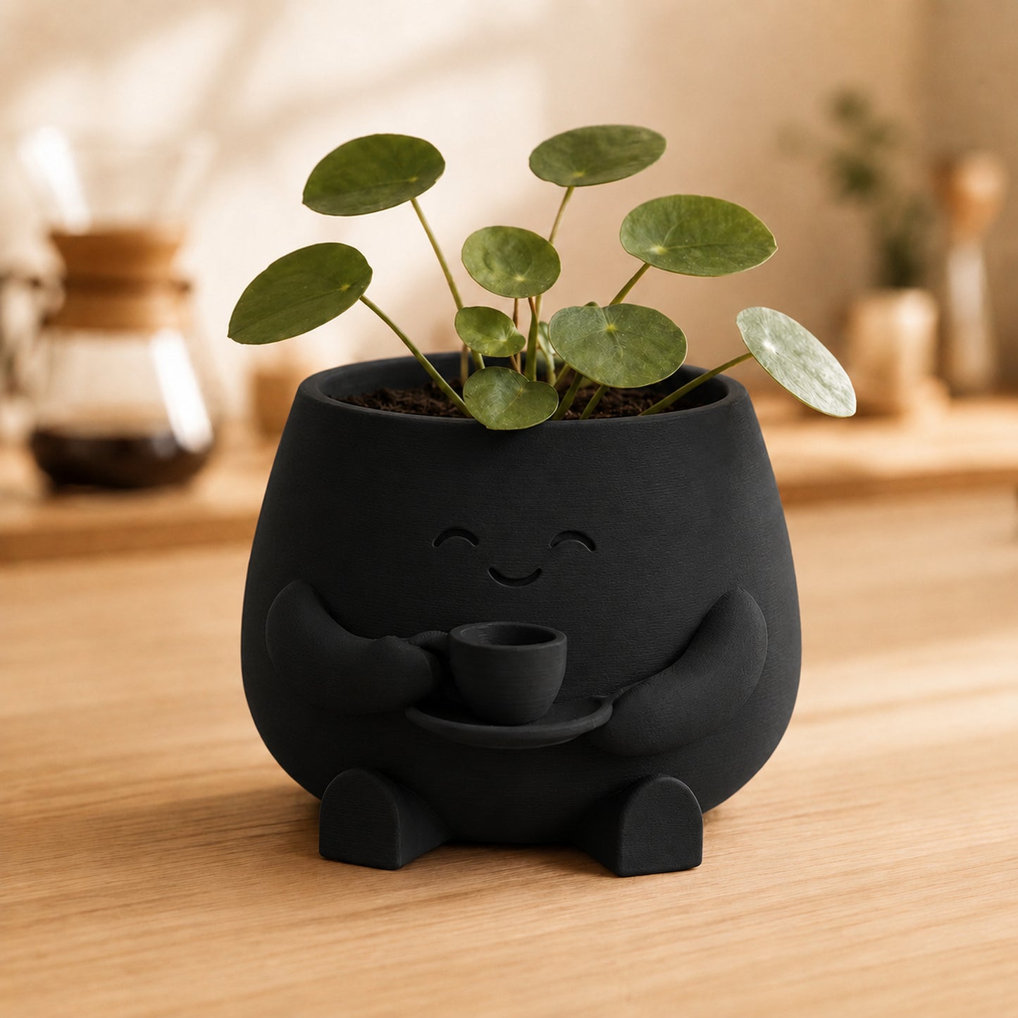 Vaso amiguinho segurando uma xícara com as duas mãos, na cor preta