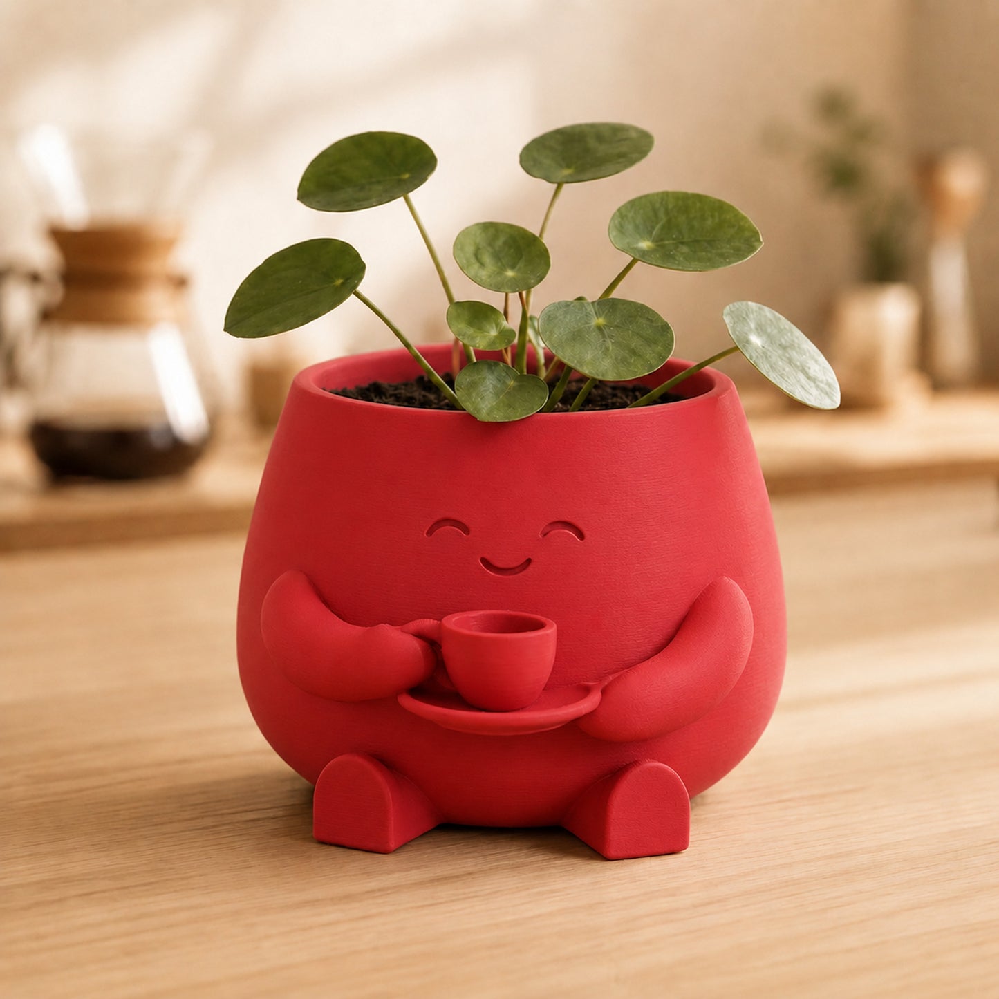 Vaso amiguinho segurando uma xícara com as duas mãos, na cor vermelha