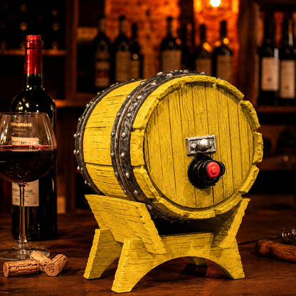 Dispenser de bebidas com visual de barril de carvalho e torneira, na cor amarela