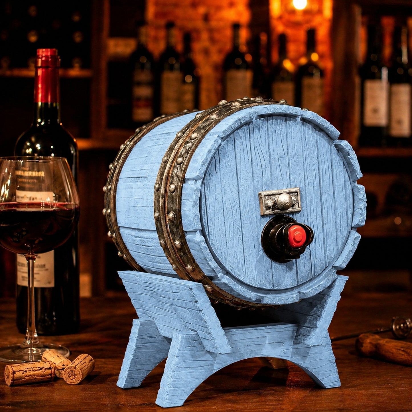 Dispenser de bebidas com visual de barril de carvalho e torneira, na cor azul-celeste