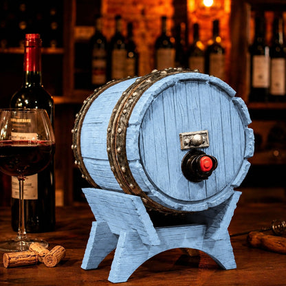 Dispenser de bebidas com visual de barril de carvalho e torneira, na cor azul-celeste