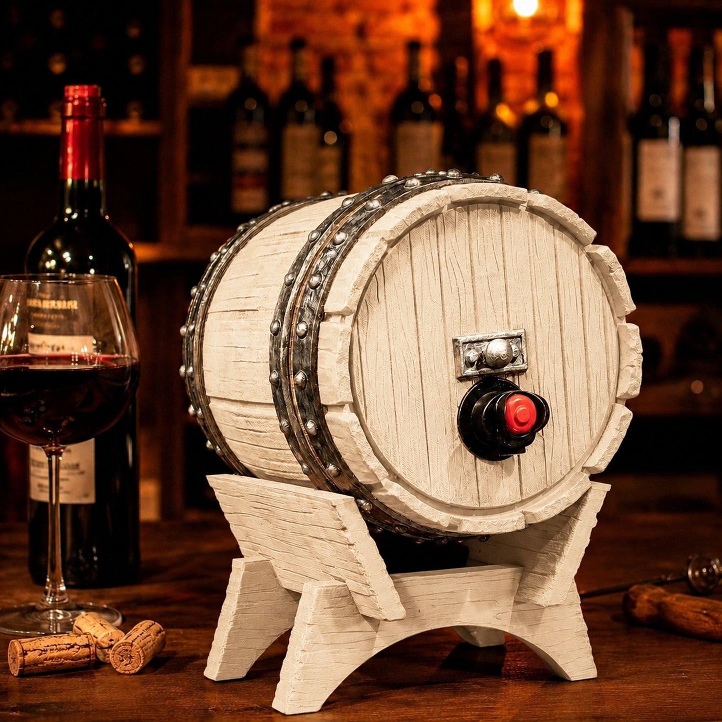 Dispenser de bebidas com visual de barril de carvalho e torneira, na cor bege