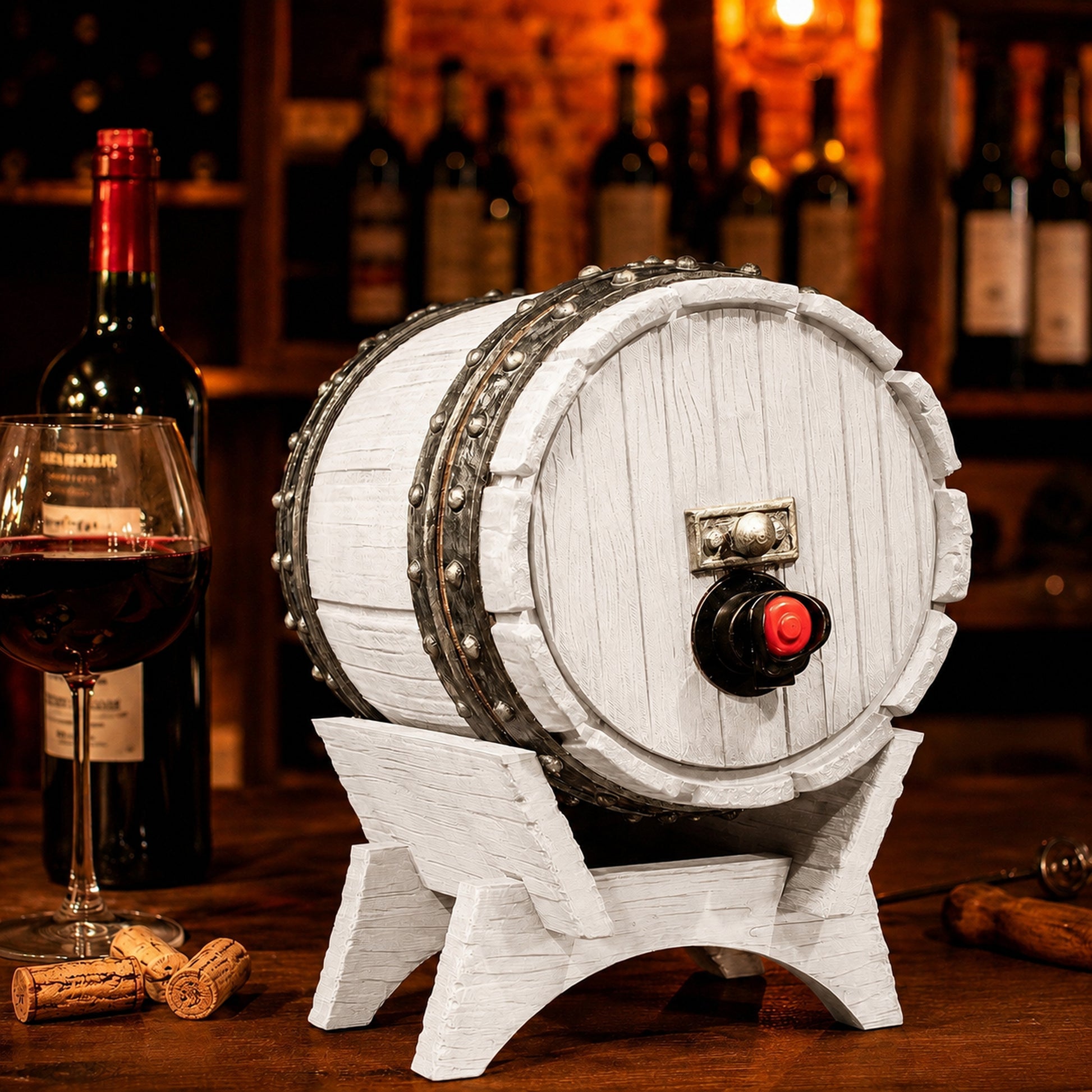Dispenser de bebidas com visual de barril de carvalho e torneira, na cor branca